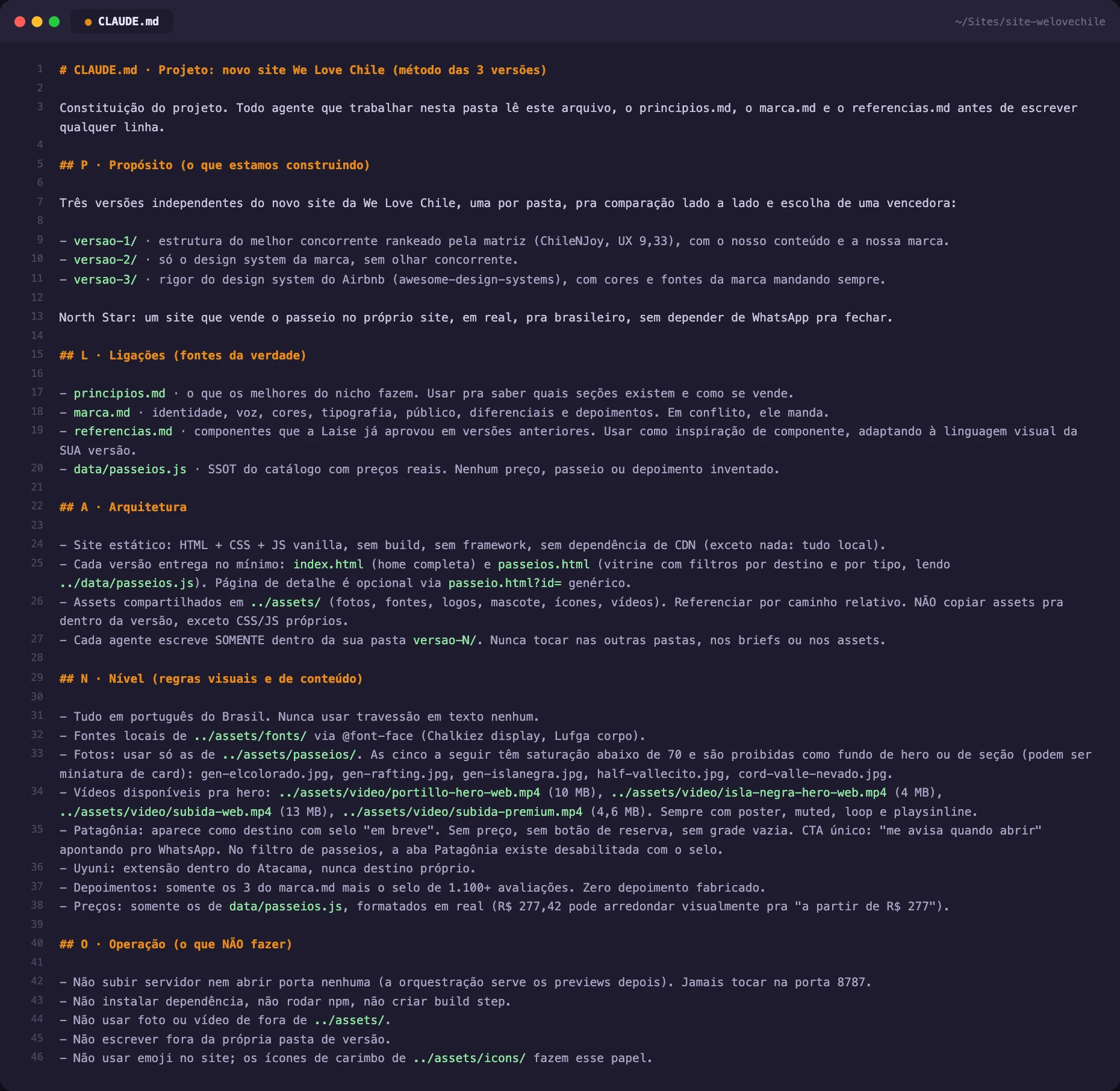Arquivo CLAUDE.md do projeto aberto no editor de código
