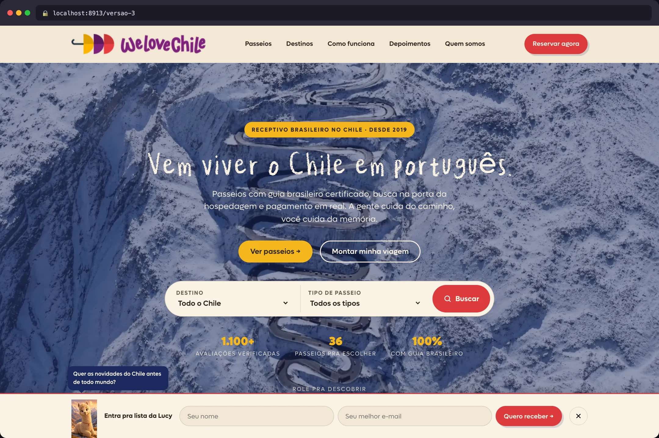 Terceira versão do site da We Love Chile aberta no navegador