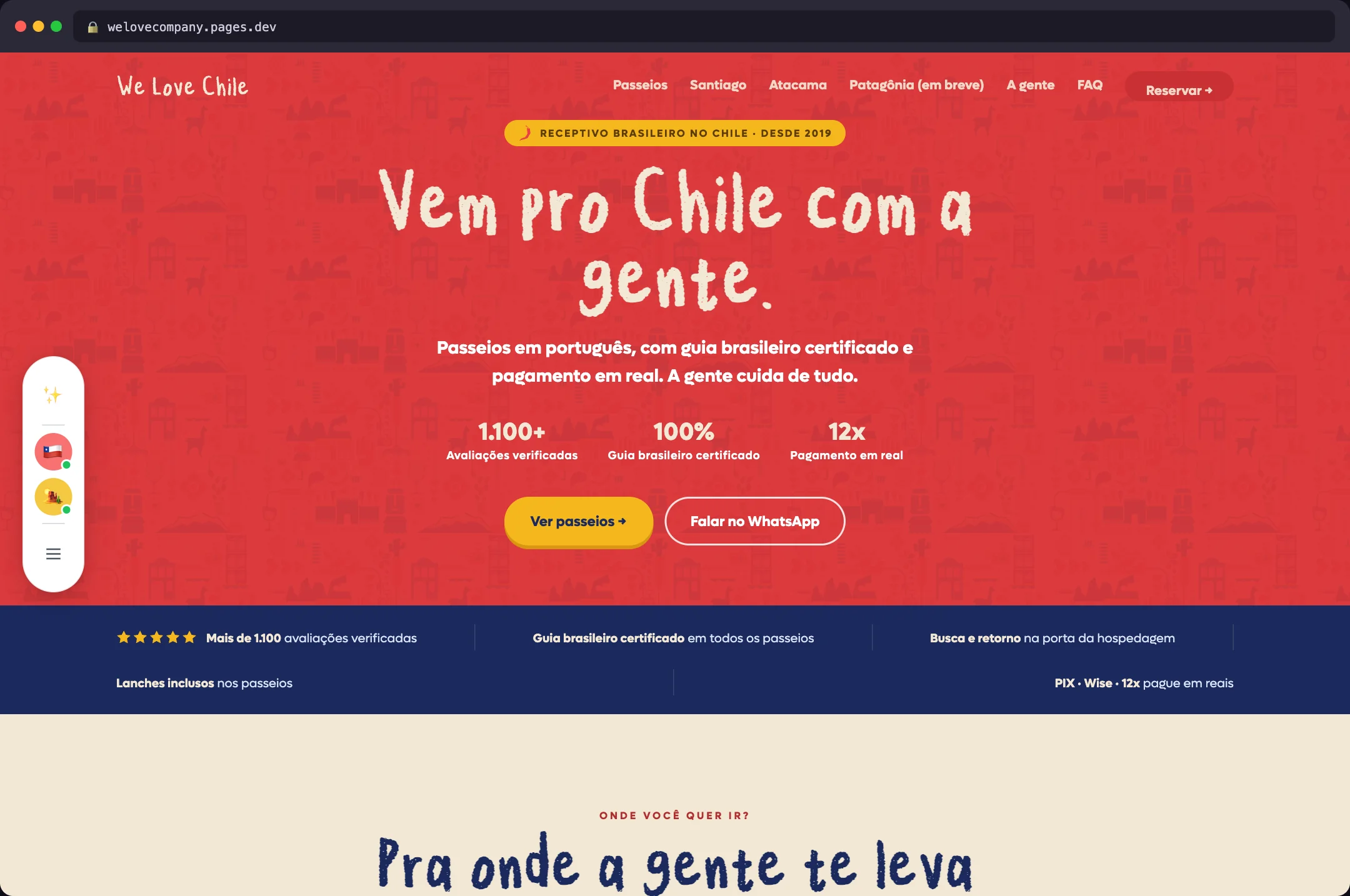 Site da We Love Chile publicado, com a URL na barra do navegador