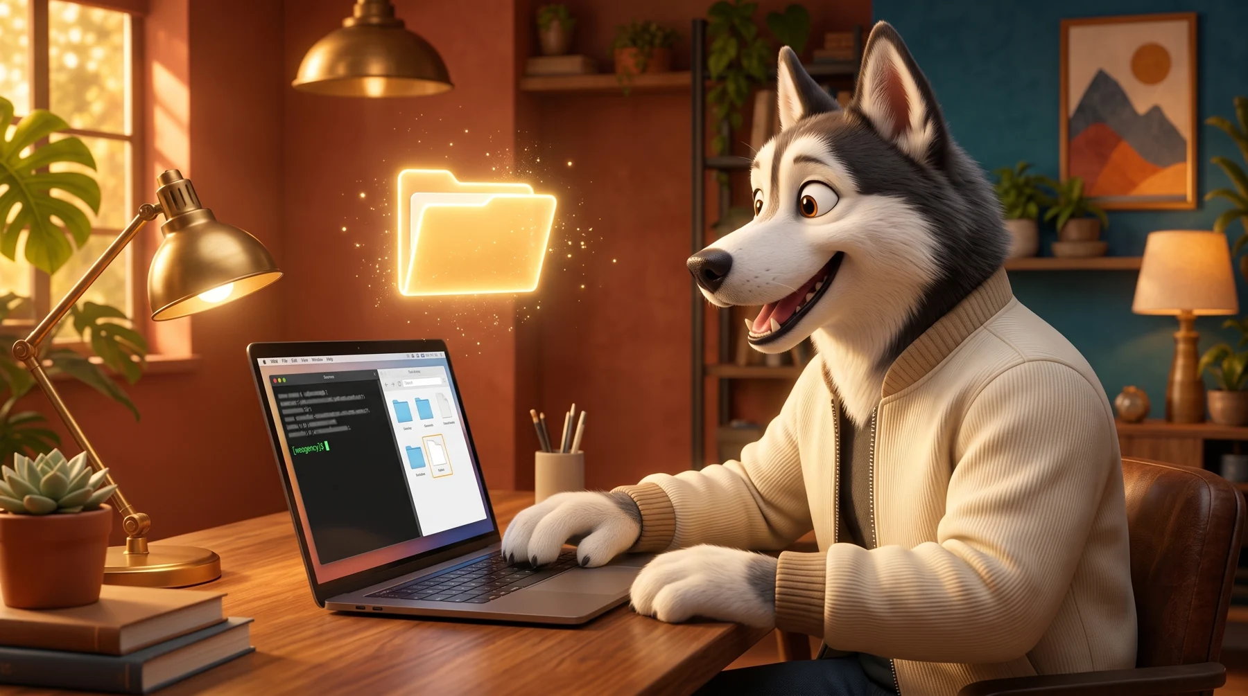 Larry criando a pasta do projeto e abrindo o Claude Code dentro dela, em ilustração 3D dos WeAgents