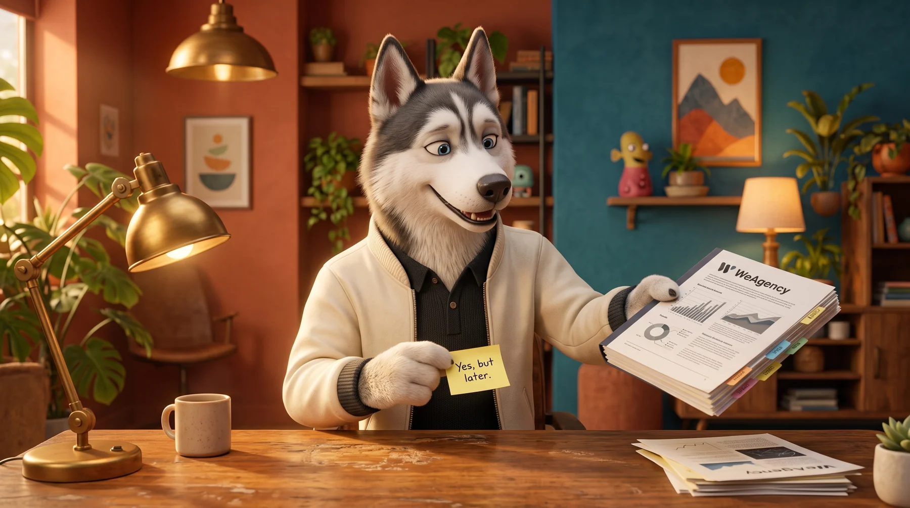 O Pax entrega o dossiê e recebe de volta uma resposta curta, sem o posicionamento de bandeja, em ilustração 3D dos WeAgents
