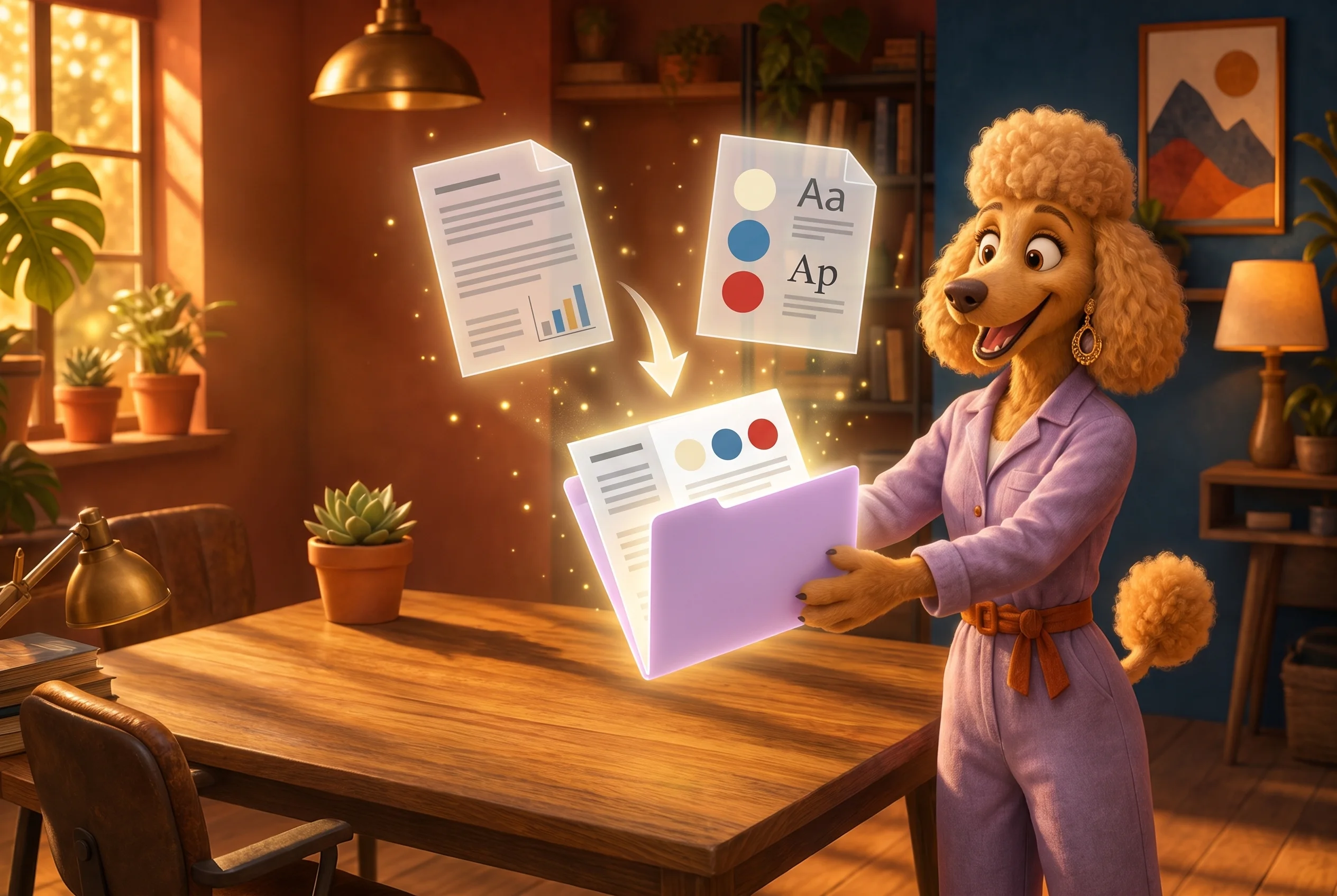 A Iris entregando o brief: o relatorio de mercado e o design system da marca virando um unico documento, em ilustracao 3D dos WeAgents