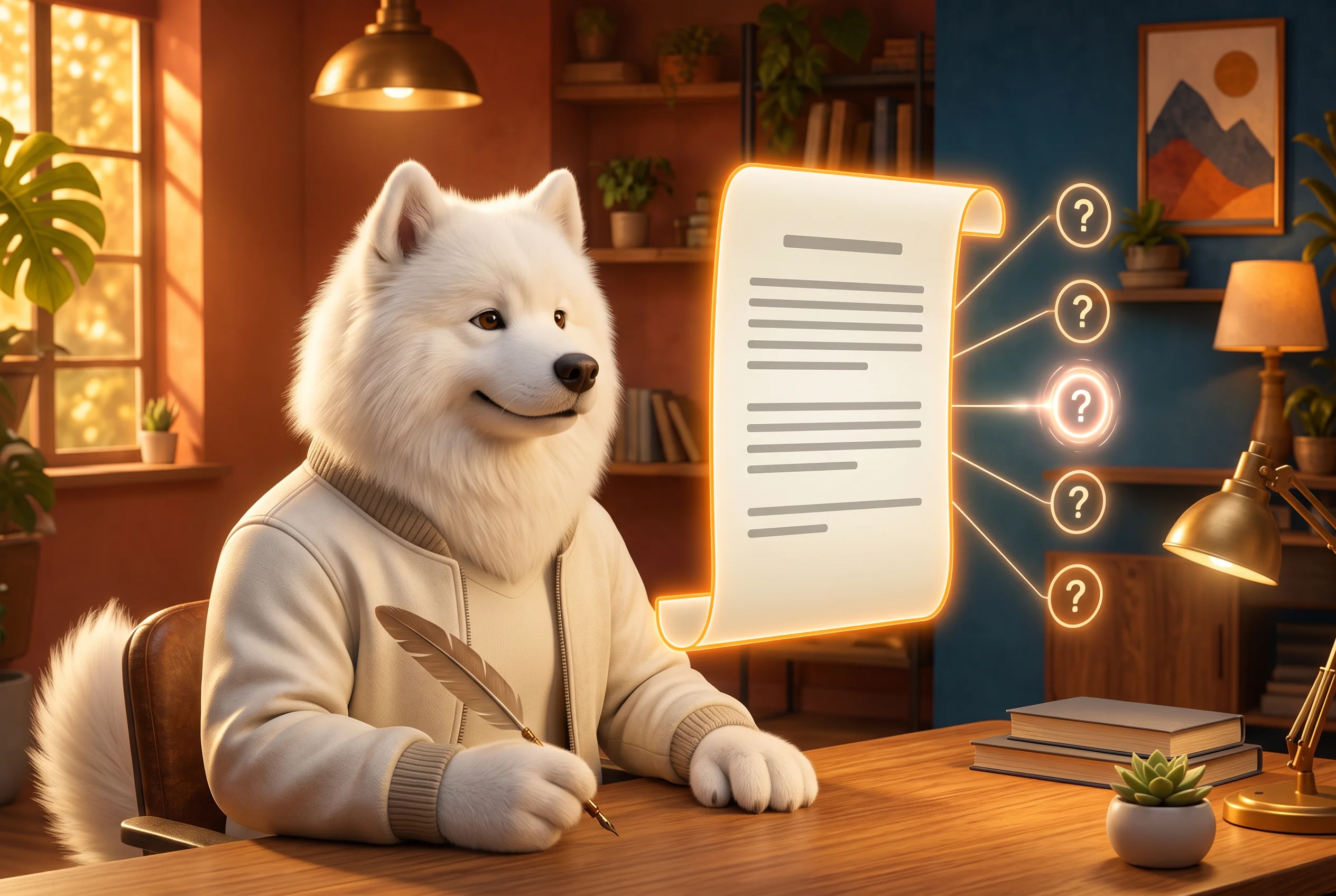 O Larry escrevendo a constituicao do projeto enquanto as cinco perguntas do protocolo PLANO flutuam ao lado, em ilustracao 3D dos WeAgents