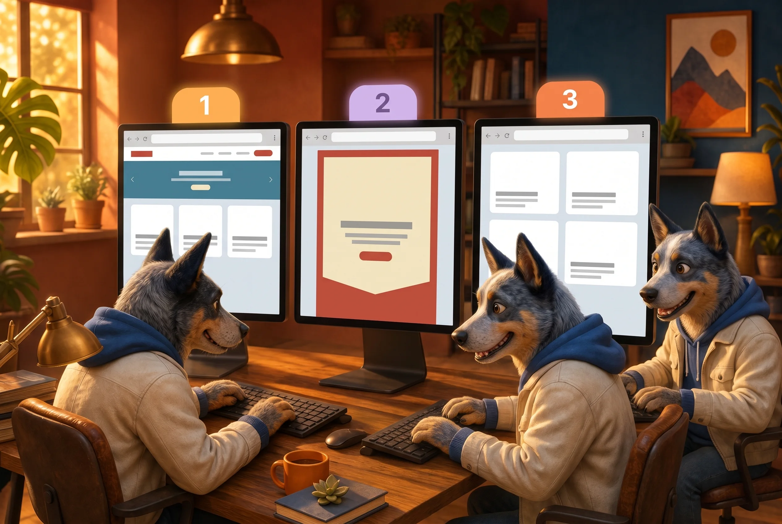 Tres Felix construindo tres versoes do site ao mesmo tempo, cada um no seu monitor, em ilustracao 3D dos WeAgents