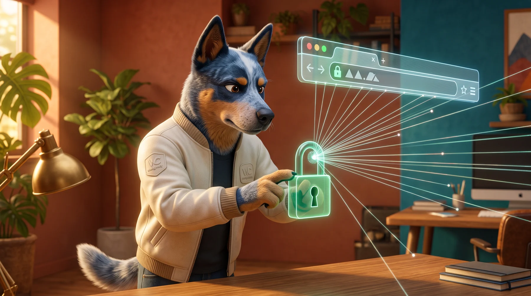 O domínio próprio conectado, com cadeado e propagação, em ilustração 3D dos WeAgents