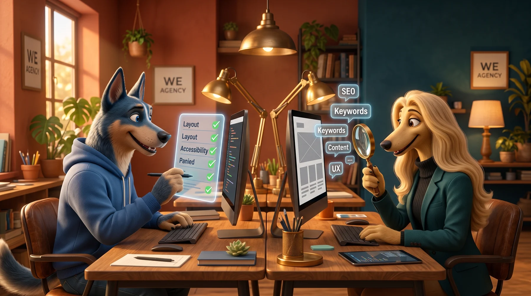 Dois agentes em paralelo: um passa o site pelas skills de UI e UX, o outro cuida do SEO, em ilustração 3D dos WeAgents