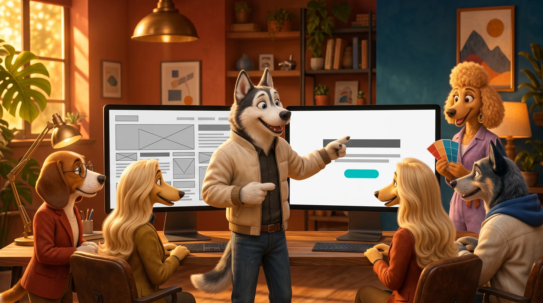 O antes e depois da primeira dobra: um H1 curto, um CTA só, prova social perto do botão, em ilustração 3D dos WeAgents
